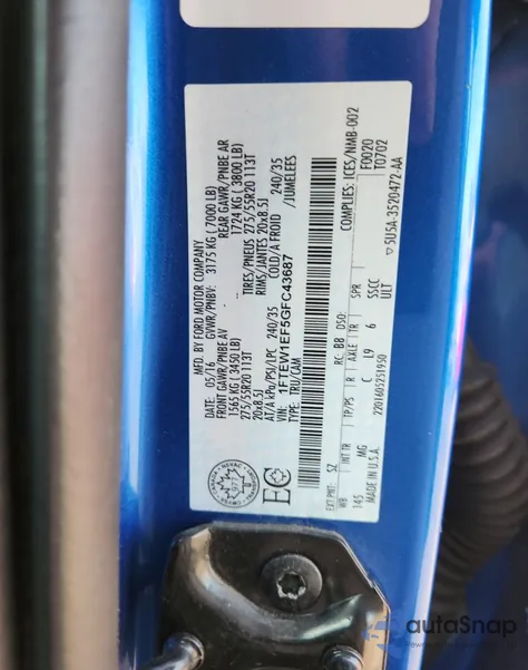 2016 Ford F150 Supercrew из США, поврежденный, VIN 1FTEW1EF5GFC43687